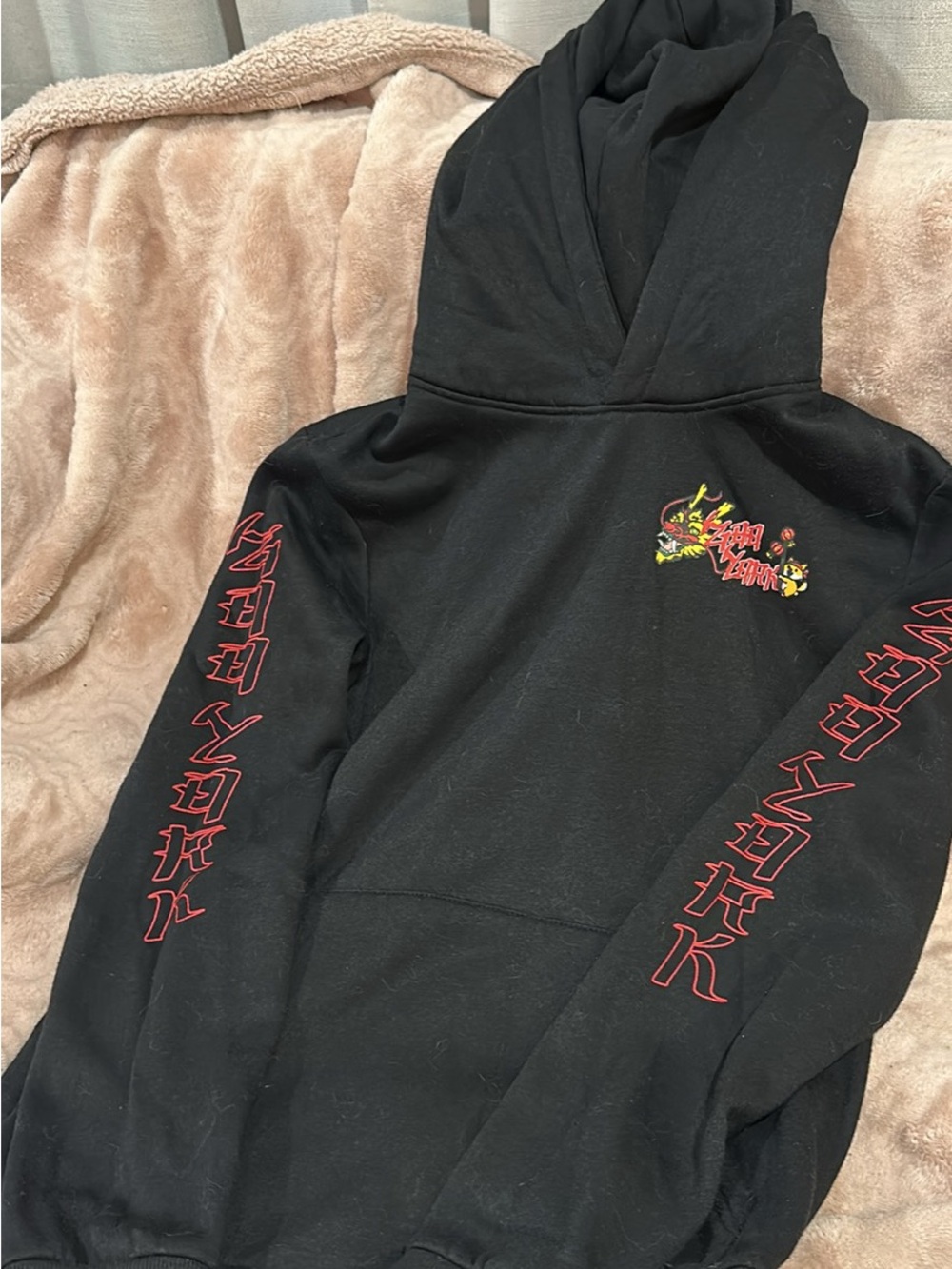 Zoo York Black Hoodie with Red Sleeve Script and Small Multicolor Chest Graphic